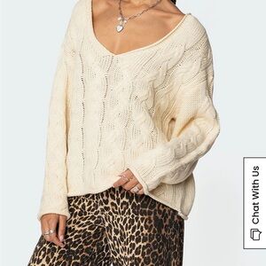 Edikted Cream V-Neck Cable Knit Sweater